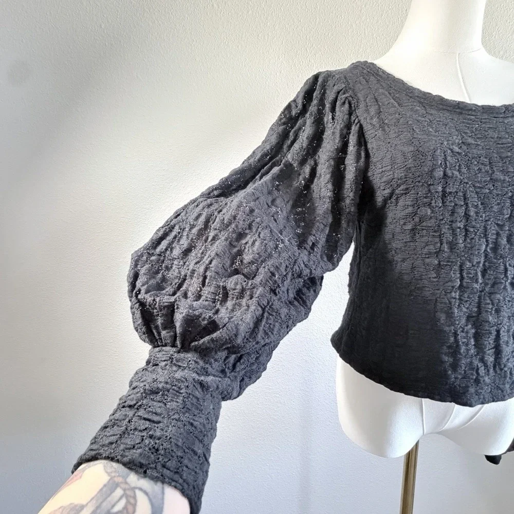 Free People Black Textured Puff Sleeve Open Back Top XL Boho Crinkle Blouse